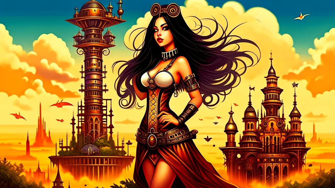 exotic sci-fi steampunk pin-up girl, with long dark hair, on an alien planet with cloud trees, tall spires, buildings, arches and bridges