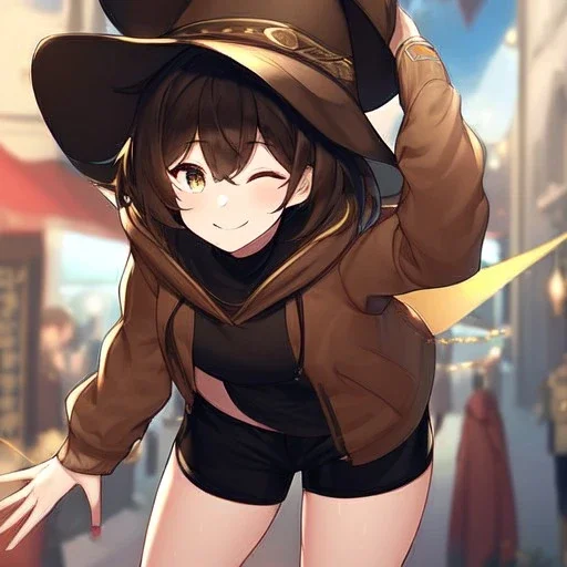 Clear focus, High resolution, short brown spiky hair, hair between eyes, eyes closed, wearing a brown detective hat, wearing a brown jacket and a black shirt, wearing black shorts, 1girl, pulling hat down, smiling, wearing a oversized hoodie