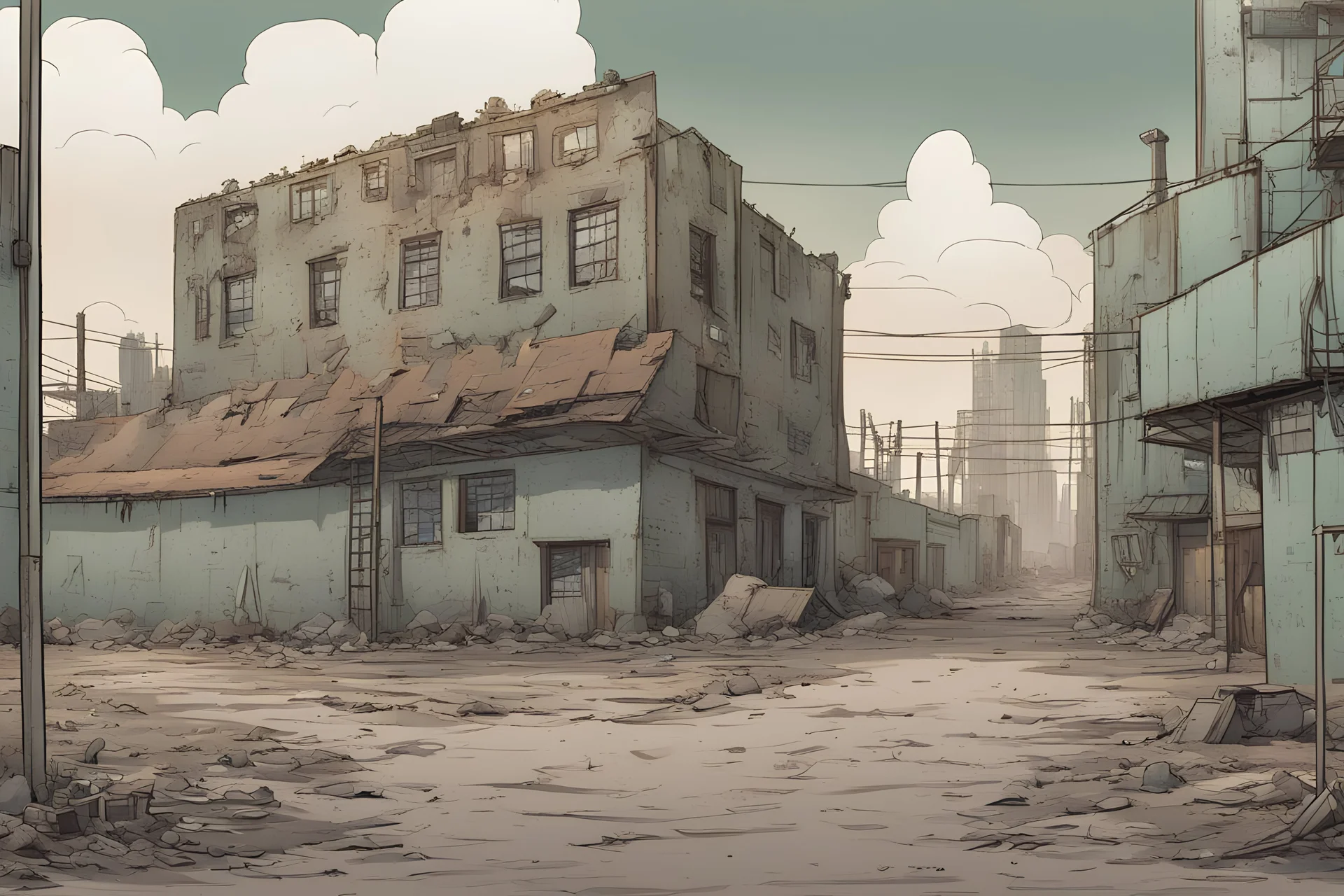 factory, dilapidated, post-apocalypse, front view, street, comic book, cartoon