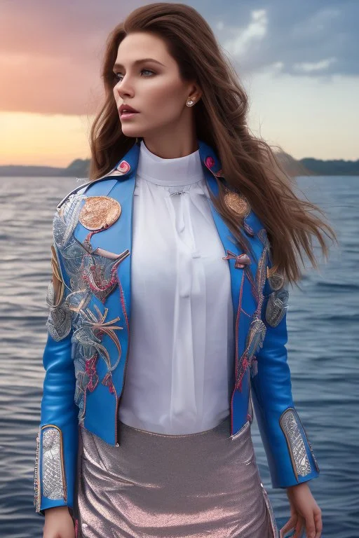 half body shot,realistic portrait of a 20-25 old caucasian model, long blue pink flowing hair, great grey eyes, blue leather jacket,full body, short white skirt,long legs,standing on deck of modern ship . beach of very nice lake with sunset ,clouds,godrayes