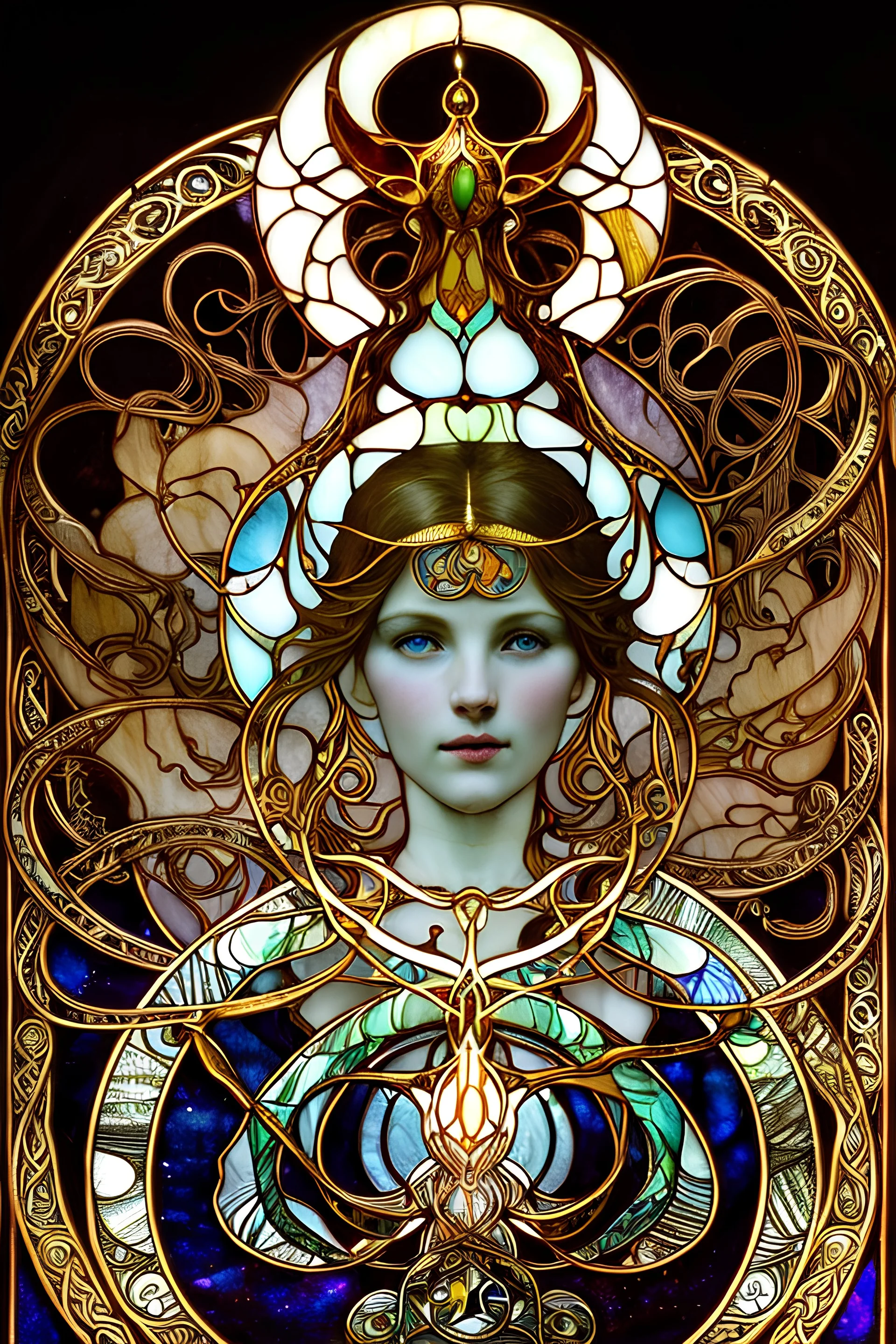 art by Alfons Mucha and Patrick Woodroffe, stained glass motif, bilateral symmetry, Ouroboros, infinity symbol, mystical, mechanistic, metaphysical, serpentine, cosmic, nebula, HD 4K, sharp detail, photo-realistic, octane rendering, award winning photography, cinematic lighting