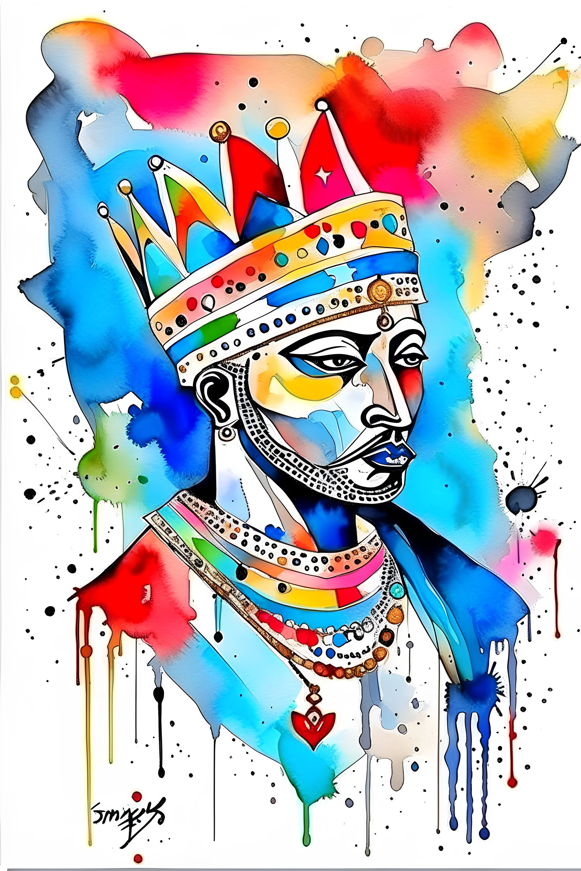 water color art character painting of Muhammed bin Salman, Pixar style, Basquiat, Picasso, Miro, Kandinsky, Klee, Birell, Fairey, Ardon, Buffet and Picasso style, HD --s 750 --v 5.1 --style raw