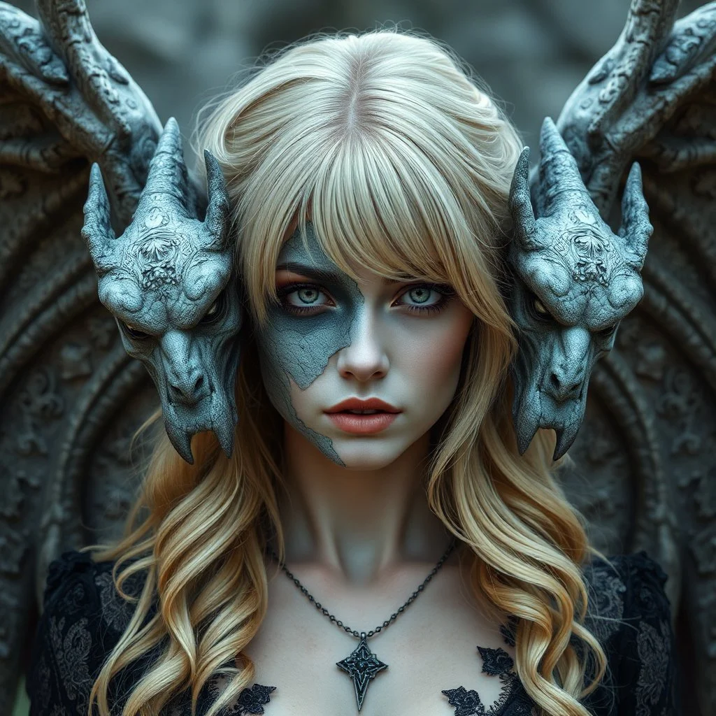 a blonde fantasy woman who is half human and half gargoyle, her face is partially made of stone, gothic, stylised