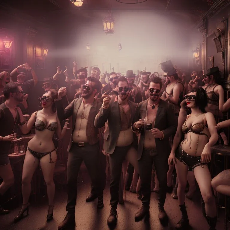 Realistic photo, medium shot view, strong men, cabaret scene, steampunk. Women, Drunken, Sunglasses, smoking, happy, hot. Many people background, highly detailed, concept art, unreal engine 5, ray tracing, RTX, lumen lighting, ultra detail, volumetric lighting, 3d, finely drawn, high definition, high resolution.