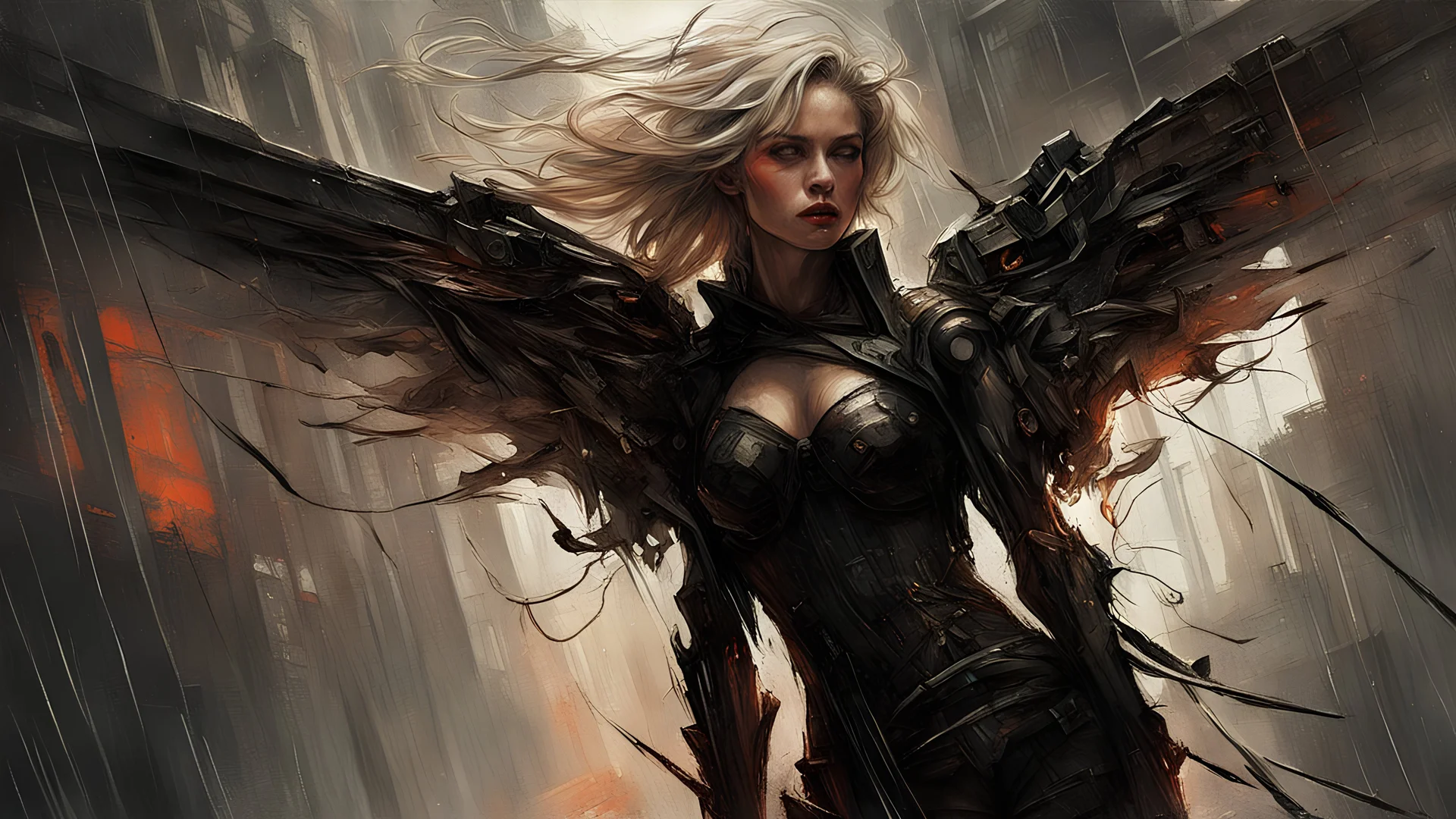 biomechanical women, beautiful, cyberpunk, dusty blonde, short square, large biomechanical black wings, sword, cybernetic, dynamic pose, rain, wind, ashes, flashes of fiery threads, sketch art, fine lines, grunge, sensual, darkness, dark colors, by Raymond Swanland & Alyssa Monks & Anna Razumovskaya