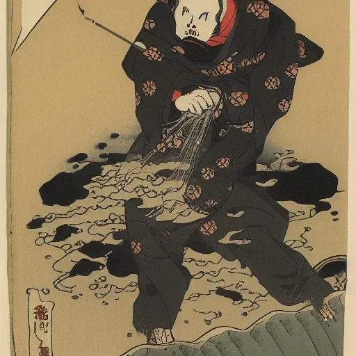 Knive in Skull in water smoking by Hokusai