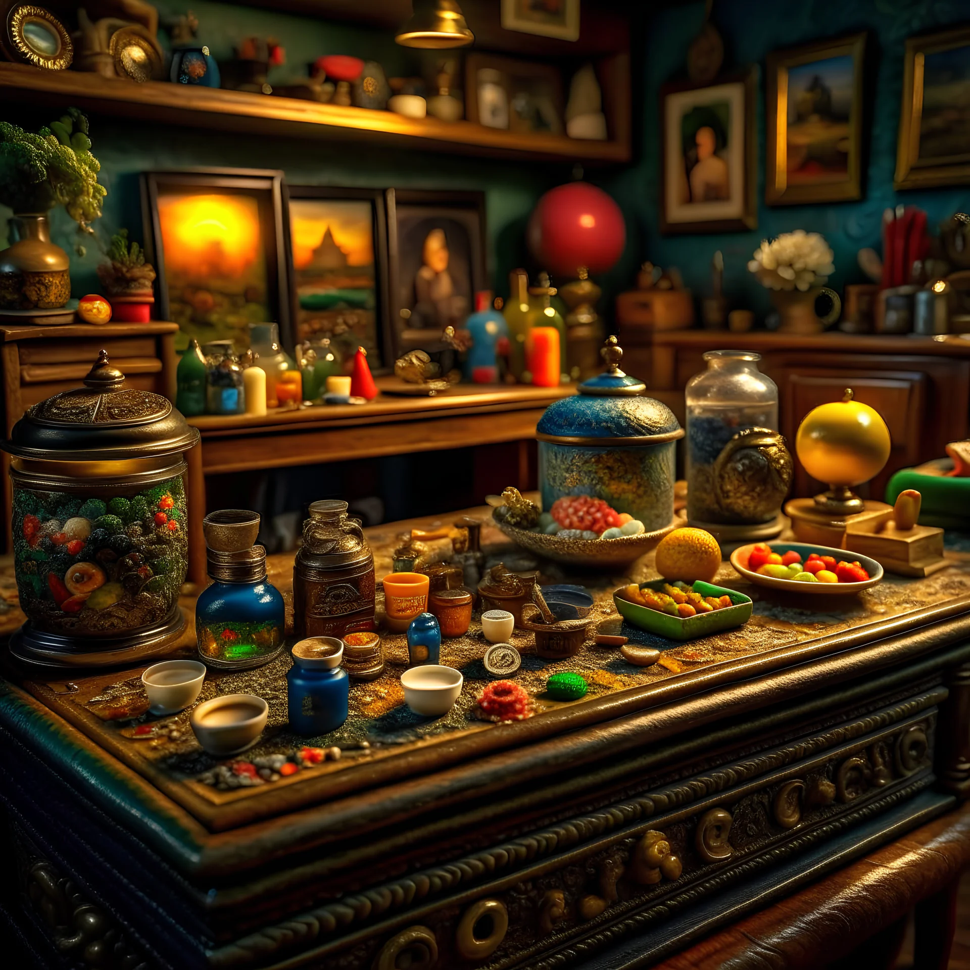 Diorama of old table with old stuff, sharp focus, 8k, 3d, very detailed, volumetric light, fine art, very colorful, ornate, 35mm, F/2.8, insanely detailed and intricate, hypermaximalist, super detailed, decadent