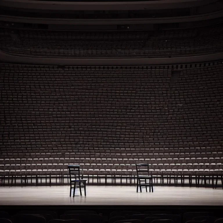 a single chair on stage under spotlight close up view facing empty audience at a dark and empty symphony hall