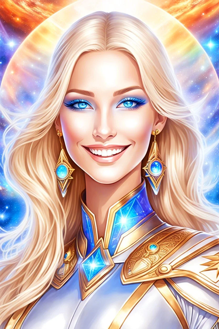 cosmic woman smile, admiral from the future, one fine whole face, crystalline skin, expressive blue eyes,rainbow, smiling lips, very nice smile, costume pleiadian, Beautiful tall woman pleiadian Galactic commander, ship, perfect datailed golden galactic suit, high rank, long blond hair, hand whit five perfect detailed finger, amazing big blue eyes, smilling mouth, high drfinition lips, cosmic happiness, bright colors, blue, pink, gold, jewels, realist, high commander