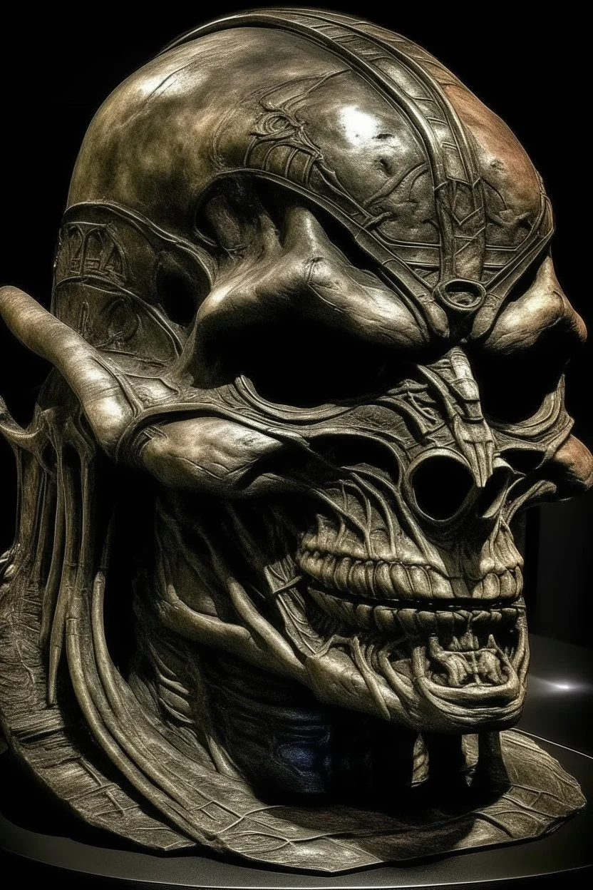 sculpture of dark side of a he man with iron mask . Scary face , decayed and rotting with grotesque proportions and imagery. abstract grotesqueries, detailed texture, surreal horror, biomechanical design, by hr giger and beksinski