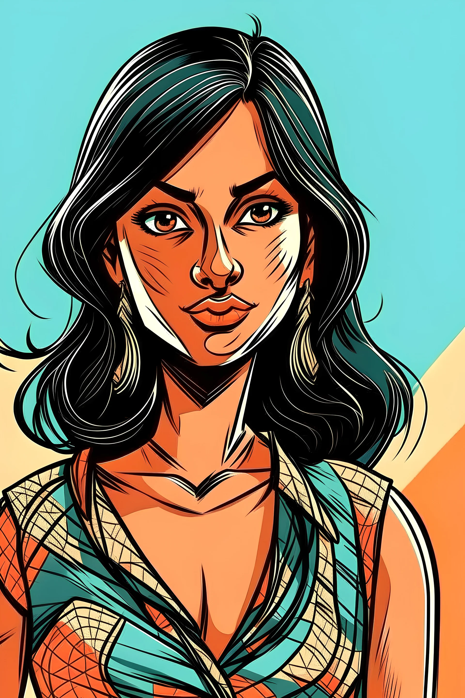 an indian young woman passionate for fashion line whose hair is bob black styled and wear modern dresses.give me a comic style image and give me with different emotions