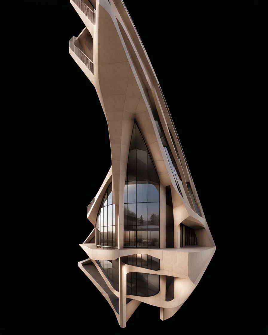 Edificio de concreto, ventanales de vidrio, estilo Zaha Hadid, calidad ultra, hiperdetallado, 8k, 3D