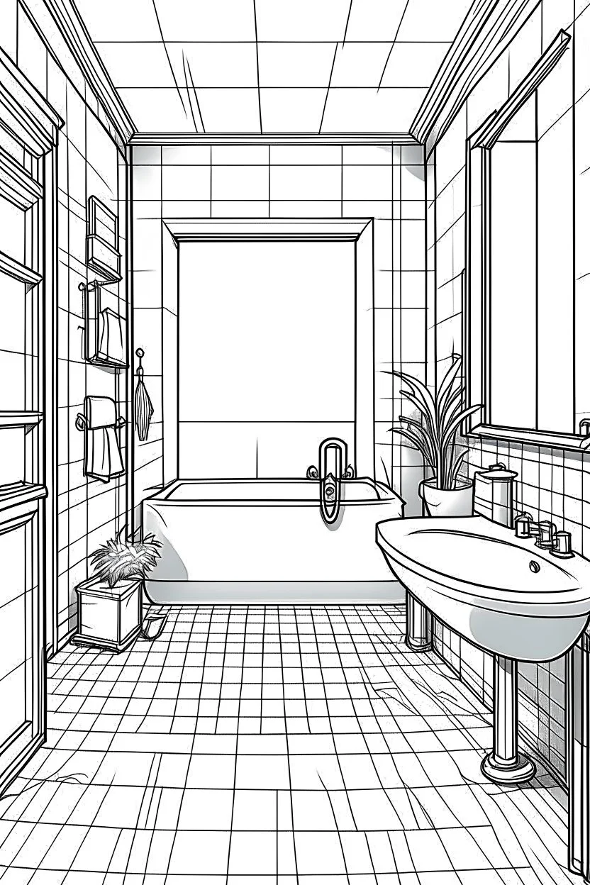 Outline art, house interior design, bathroom with toilet and shawer, no shading, no lines, cartoon style, --ar 9:11