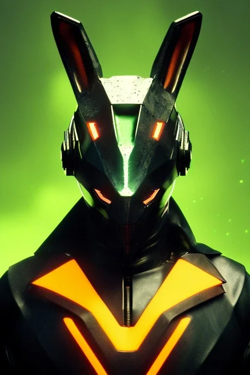 Medium Close Up Portrait, Front image. cyberpunk, rabbit mask helmet, strong man, platinum hair. Latex suit. Red, yellow, color. Rocketer style. Color background, photo studio. Avatar image, highly detailed, concept art, smooth, unreal engine 5, ray tracing, RTX, lumen lighting, ultra detail, volumetric lighting, 3d, finely drawn, high definition, high resolution.