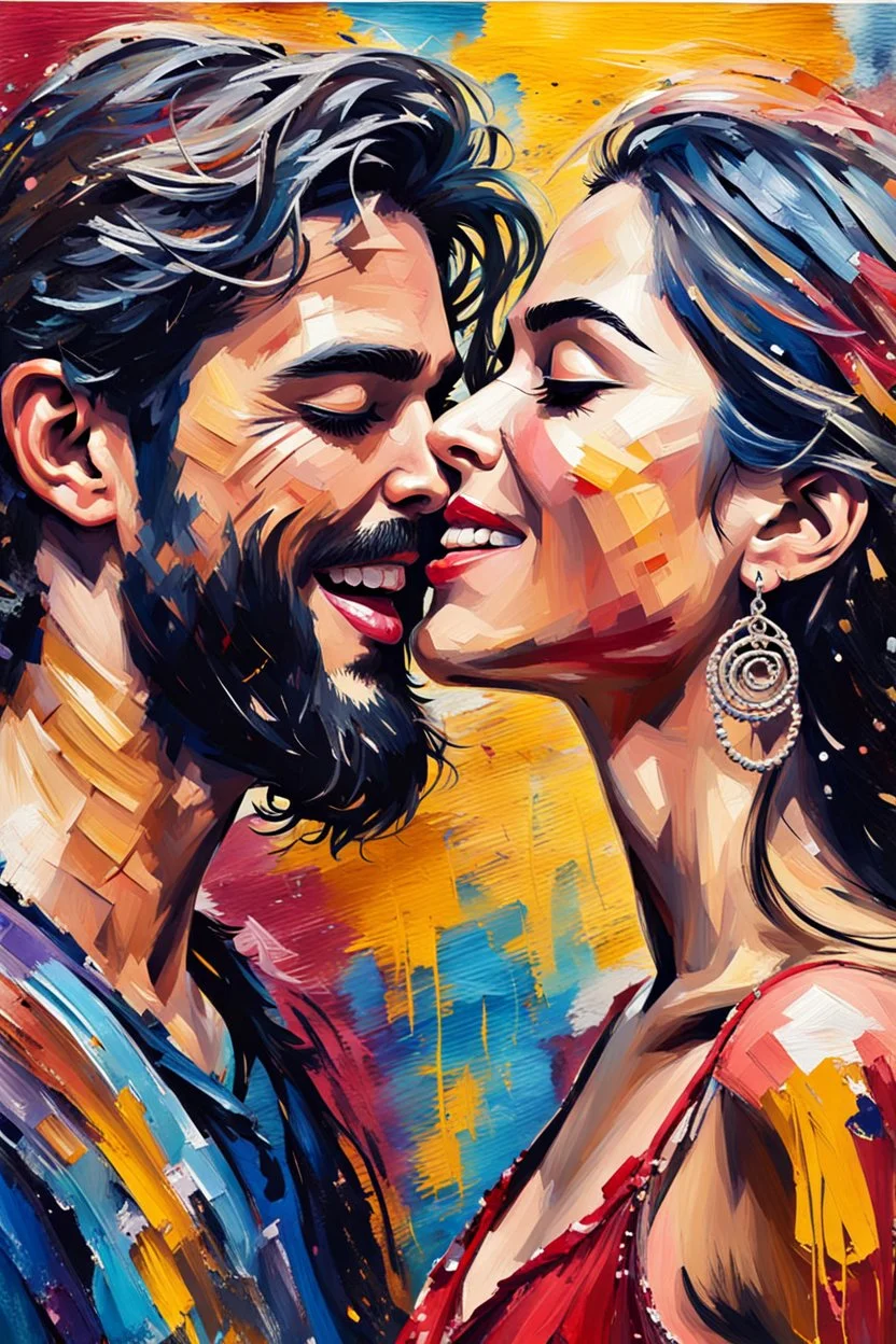 a gypsy theme, a beautiful in love girl and boy as focus point, close-up kissing scene, scrappy paint strokes in impasto , life is good, laughter and happiness