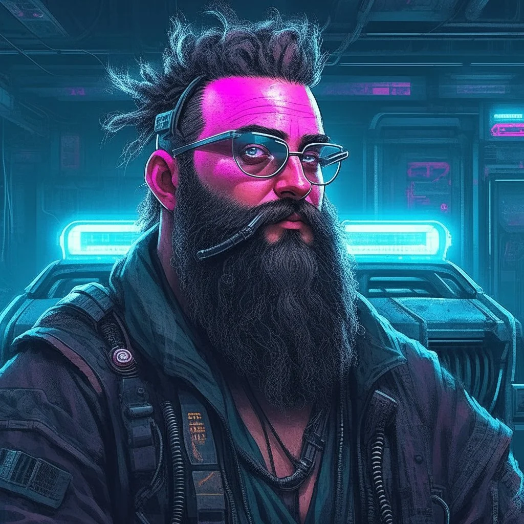 Cyberpunk bearded metalhead cybernetics car engineer