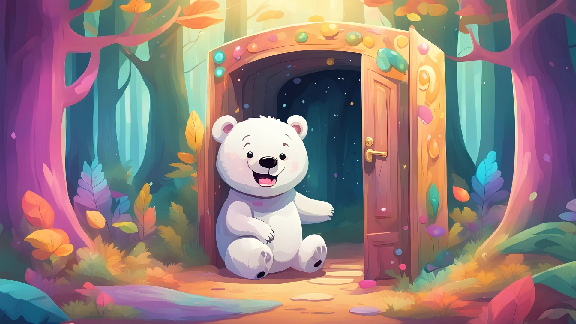 A white bear smiling in a forest full of colors with a magic door and a strange box. The picture contains beautiful colors style cartoon