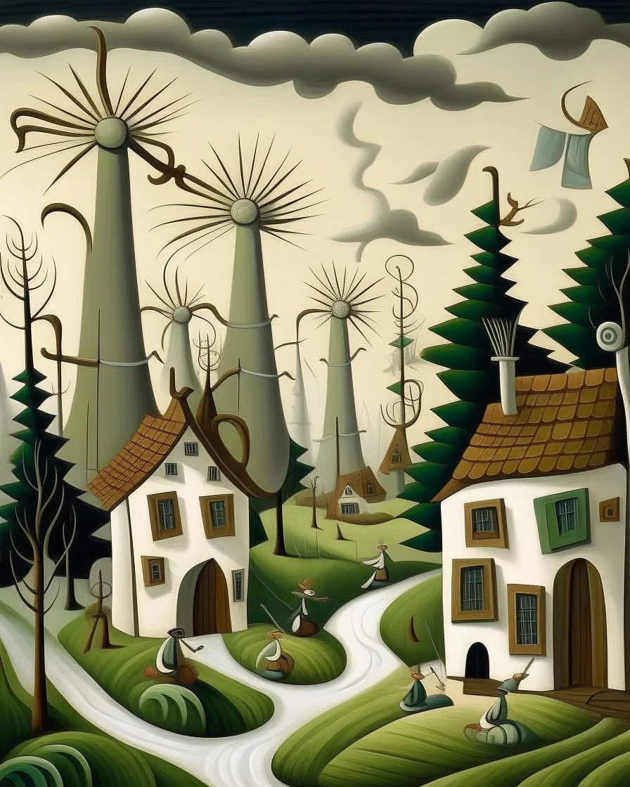 A white village with windmills in a windstorm designed in Pacific Northwest totem poles painted by Henri Rousseau