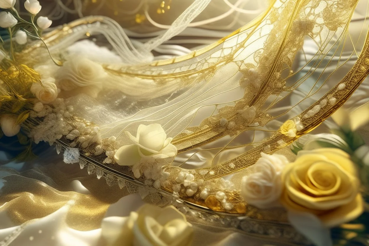 double exposure, garter flowers strung on wire with pearls and gems, heart and love, double exposure, merged layers, silver and gold tin foil, waterfall, in sunshine on a lace blanket