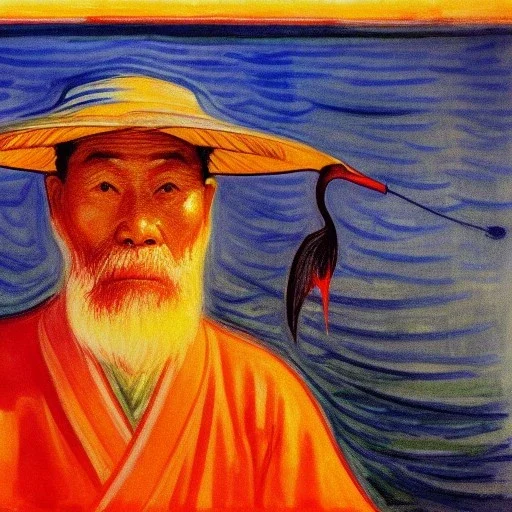 Portrait of OLd Japanese Fishermen,crane bird fishing , sunset with long beard, on boat wearing bucket hat, by edvard munch 8k