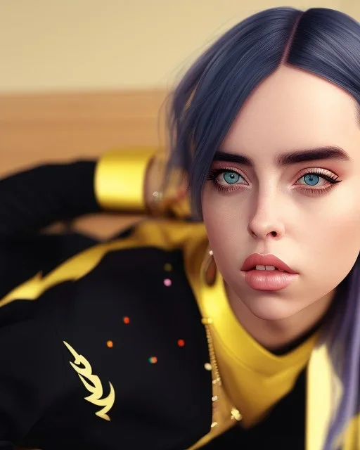 Billie Eilish, sitting on a chair, Black Short Dress, high detail, realistic