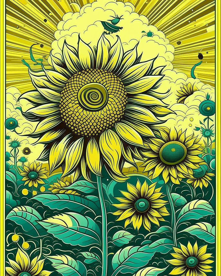 giant sunflower, with beautiful bees flying around, in shephard fairey style graphic, urrounded by golden leaves, sharp detailed graphic, garden background with blue sky and white clouds.