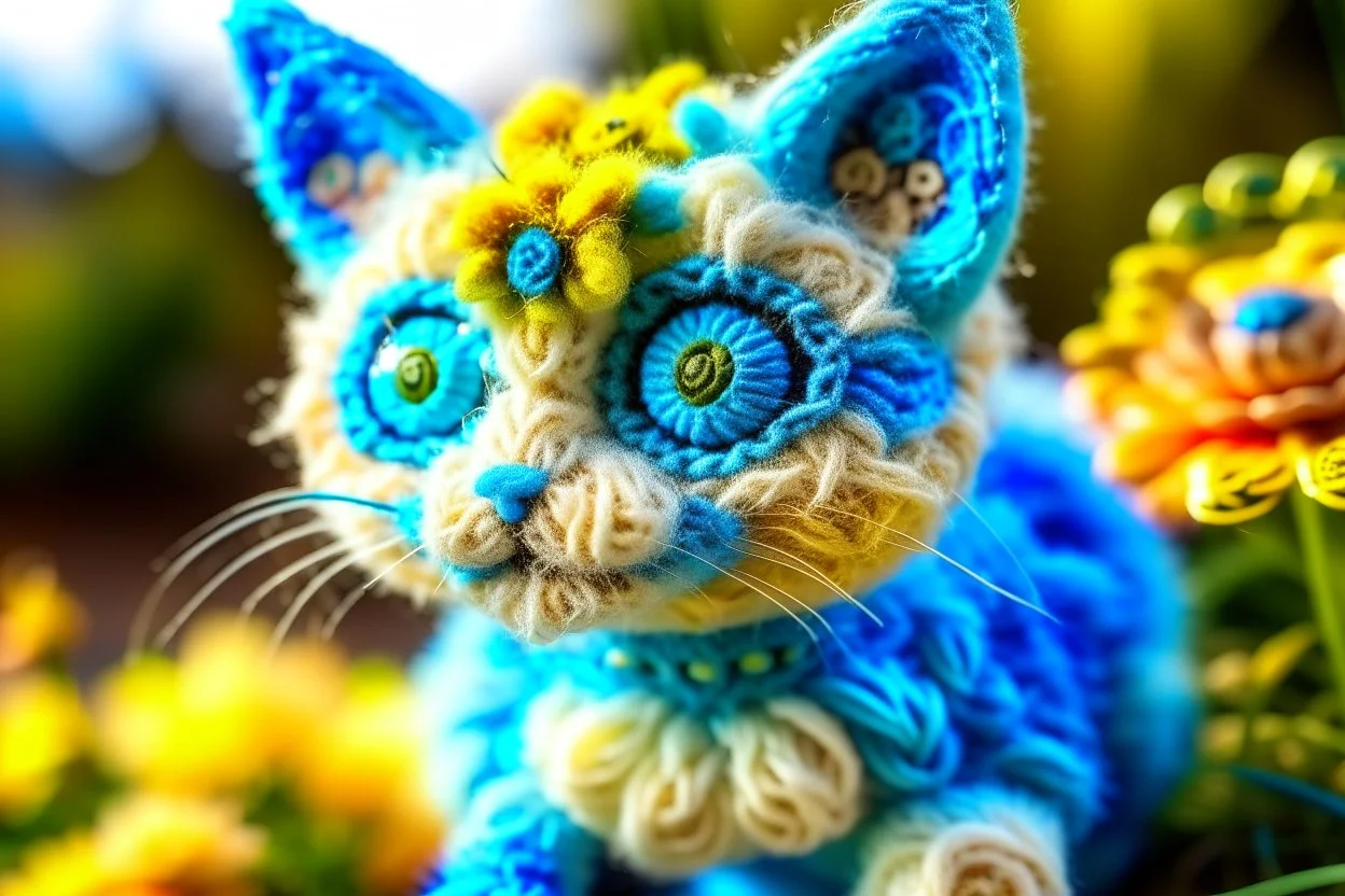 closeup, sharp focus, cute faced happy bioluminescent mohair fantasy steampunk animal cat creature, needle felt, big shiny blue eyes S<AI in sunshine, flower pattern background