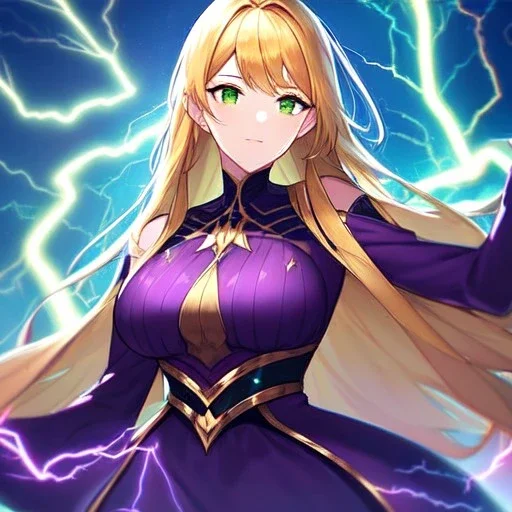 8k, Girl, high quality, detailed, golden hair, green eyes, beautiful lighting, vibrant colors, lightning, purple outfit