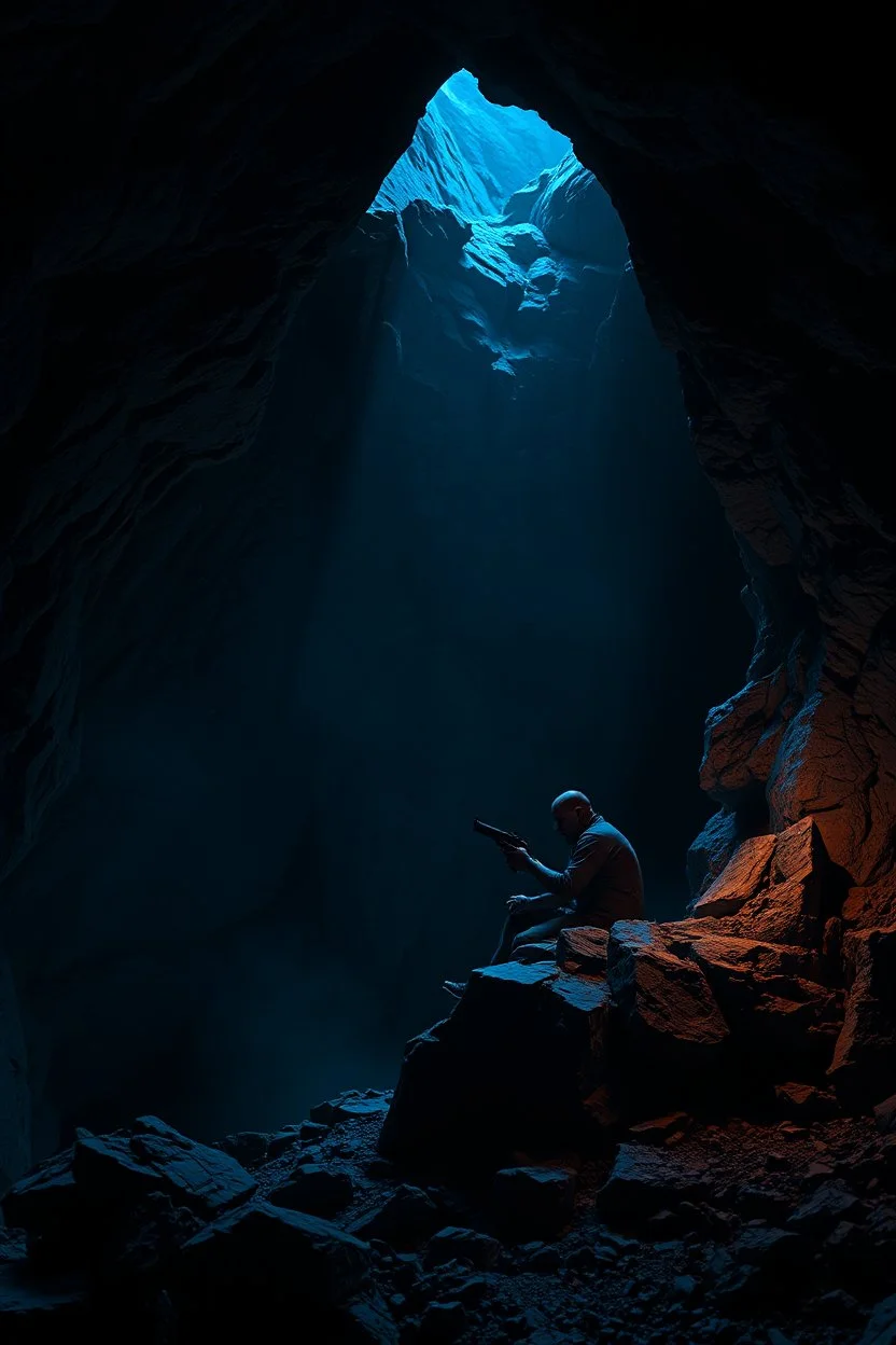 create an image of dark blue lit slightly confined cave and a man sitting in the rock cleaning his gun inspired by the doom games