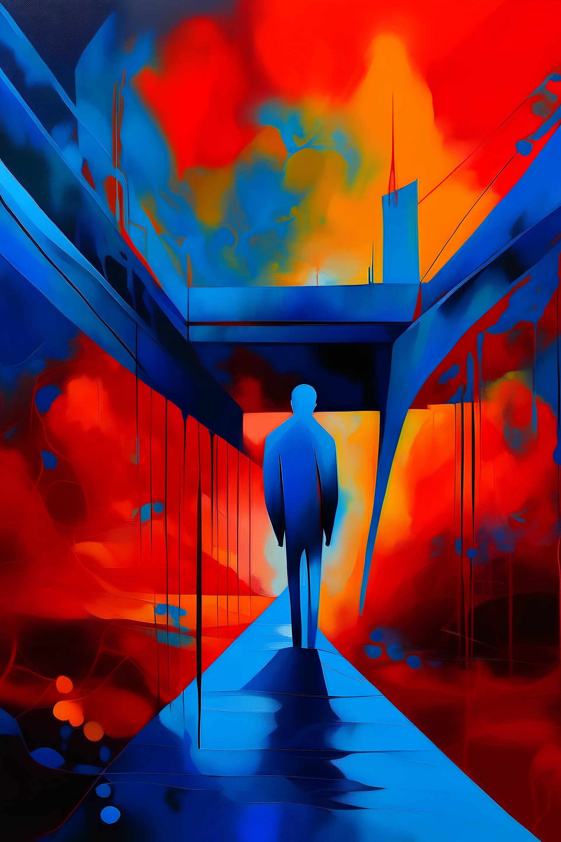 Bridge, with a blue abstract background, a bright blue man standing in the middle of the background, in the style of dark red and light orange, conceptual album art, celestial, soft and dreamy depictions, emancicore, mind-bending murals, light crimson and gold, rough painting