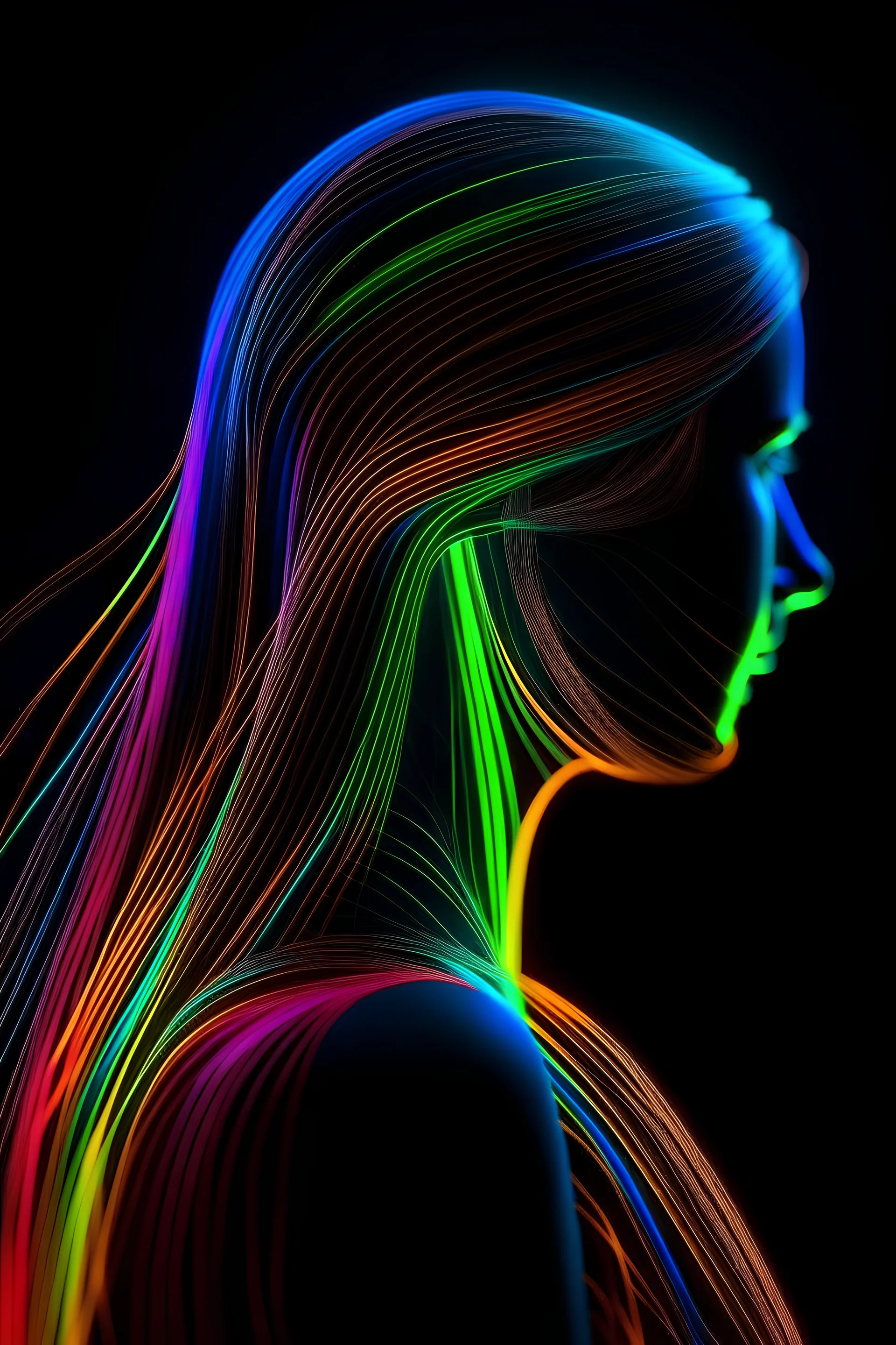 (Ultra Long Exposure Photography)) high quality, highly detailed, Colorful beautiful woman silhouette made of ultra bright neon strings, beautiful silhouette,