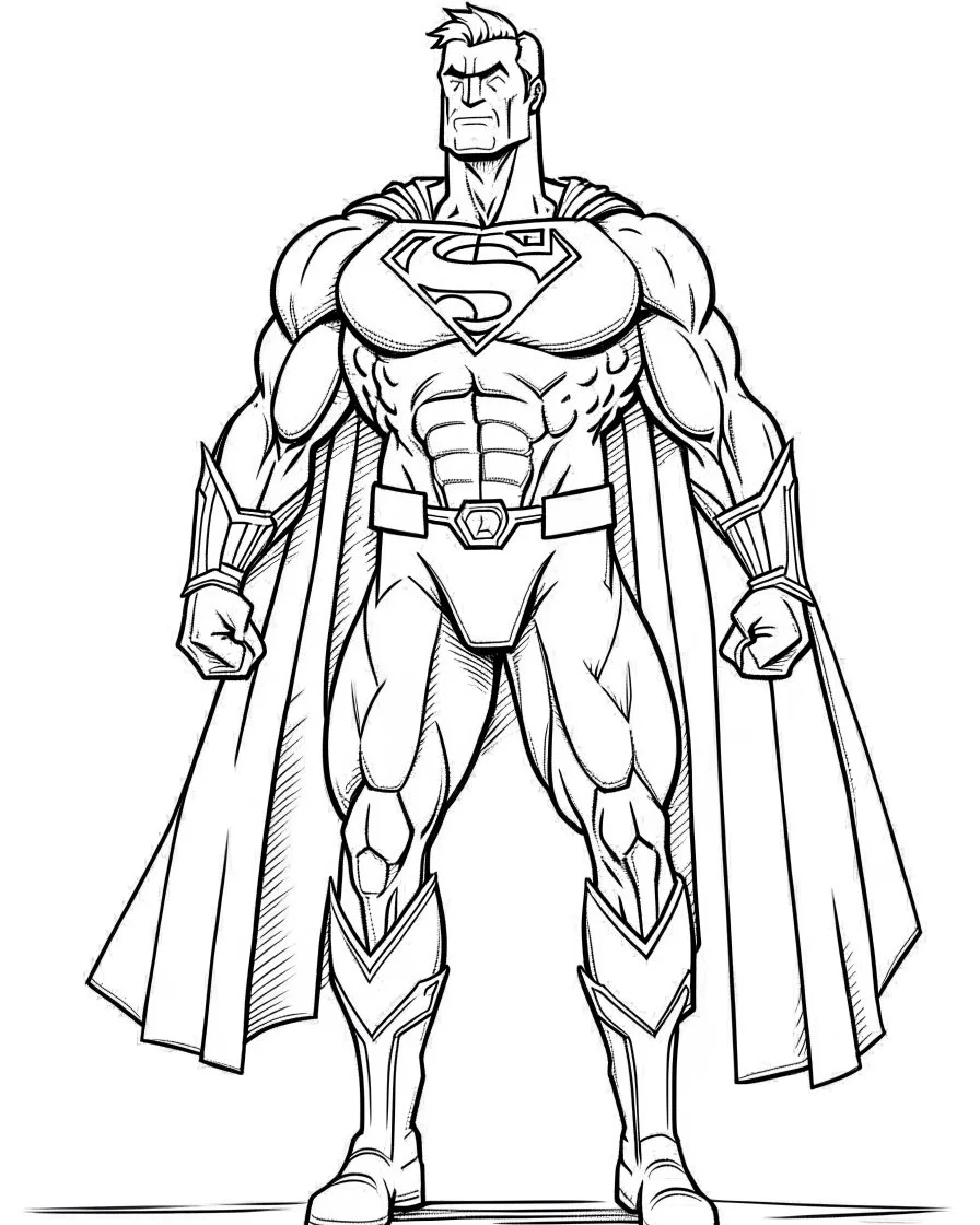 real massive Superman help, coloring page, no leaves, full body (((((white background))))), only use an outline., real style, line art, white color, clean line art, white background, Sketch style