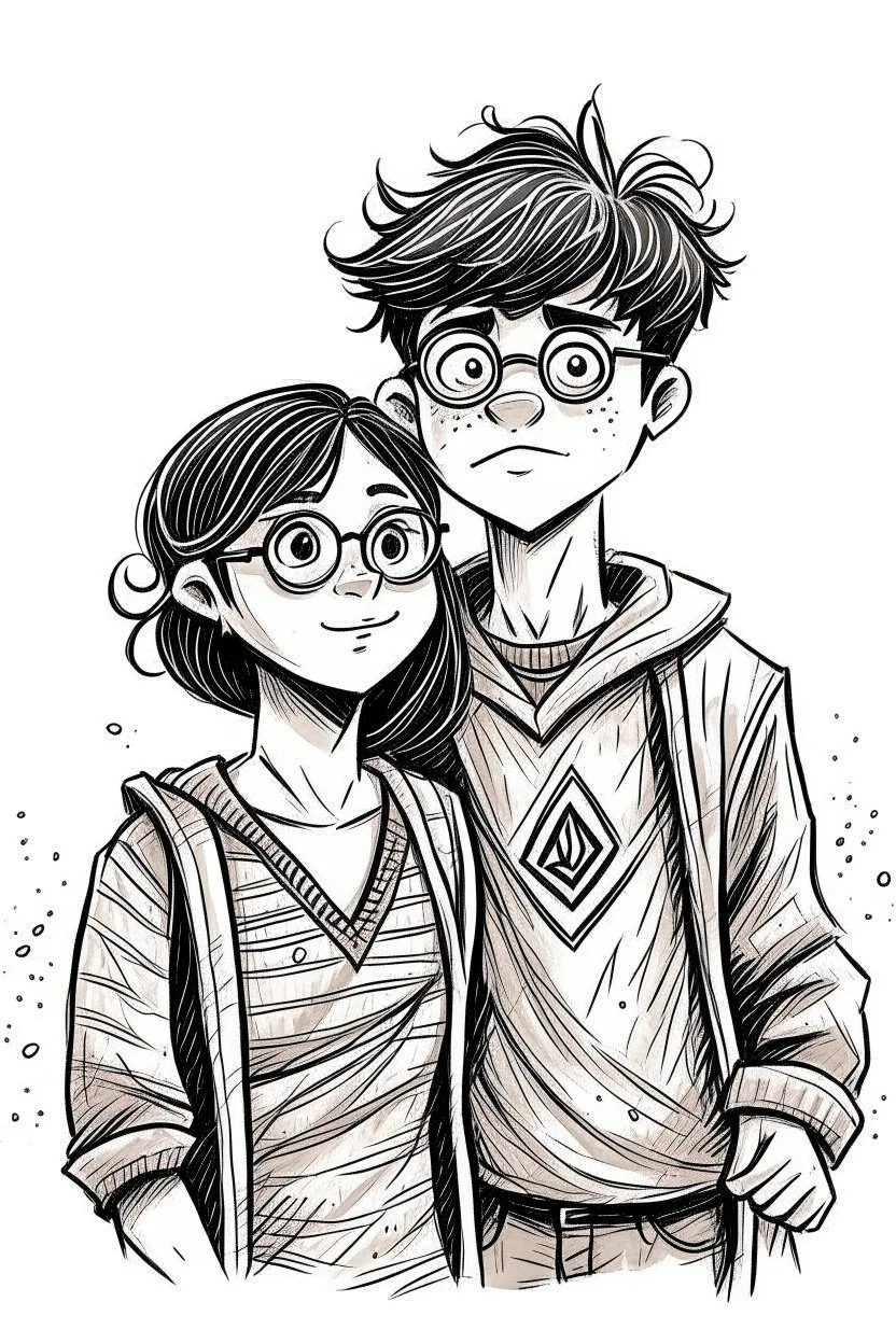 Handdrawn, harry potter style, girl and boy in love