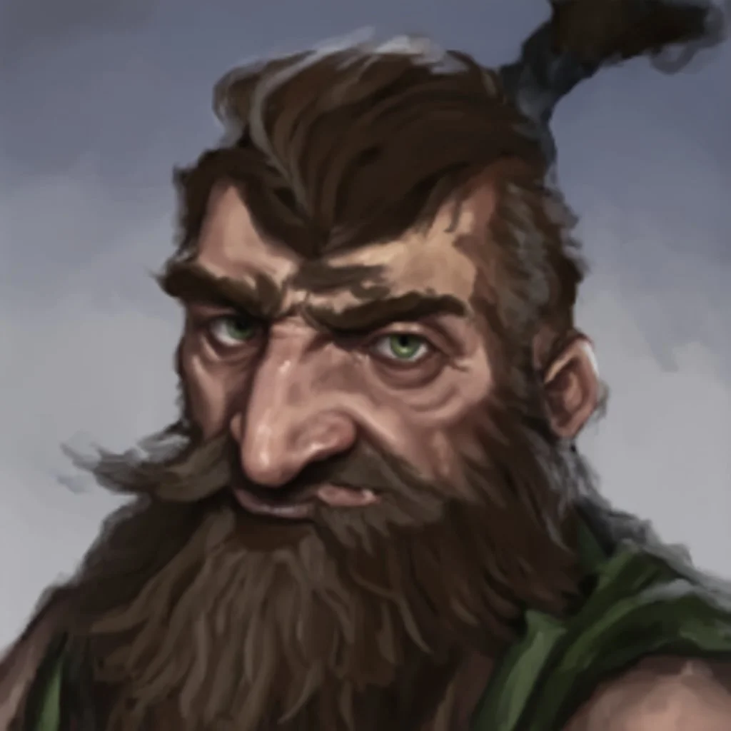 dnd, fantasy, watercolour, stylistic, portrait, illustration, dull colours, male, dwarf, face, bearded, long brows, frugal, weathered face, green eyes, determined, happy, red hair, very long hair streaming down the shoulders, radiating light, five o'clock shadow, softer facial features, dignified