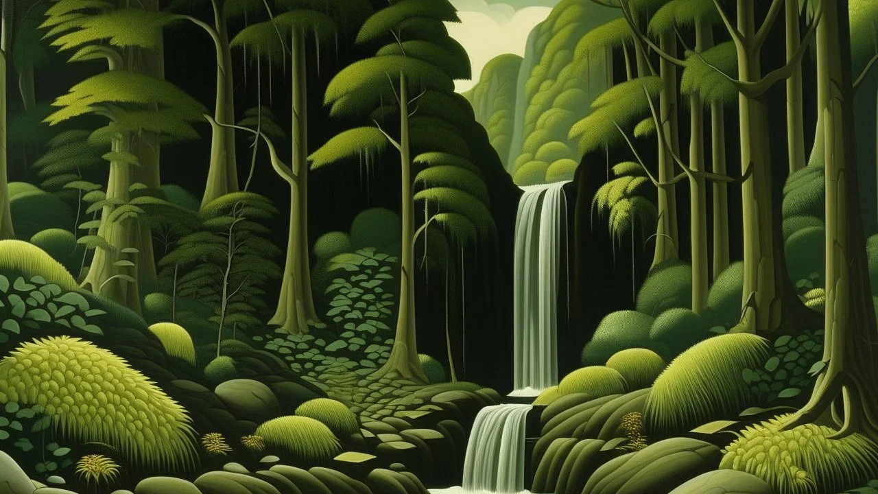 A dark green woods with a serene waterfall painted by Edward Hicks