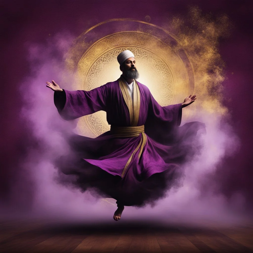 Hyper Realistic Sufi Whirling with Black, Purple & Golden Islamic Sufi Rustic Grungy Maroon Background with fog around at night