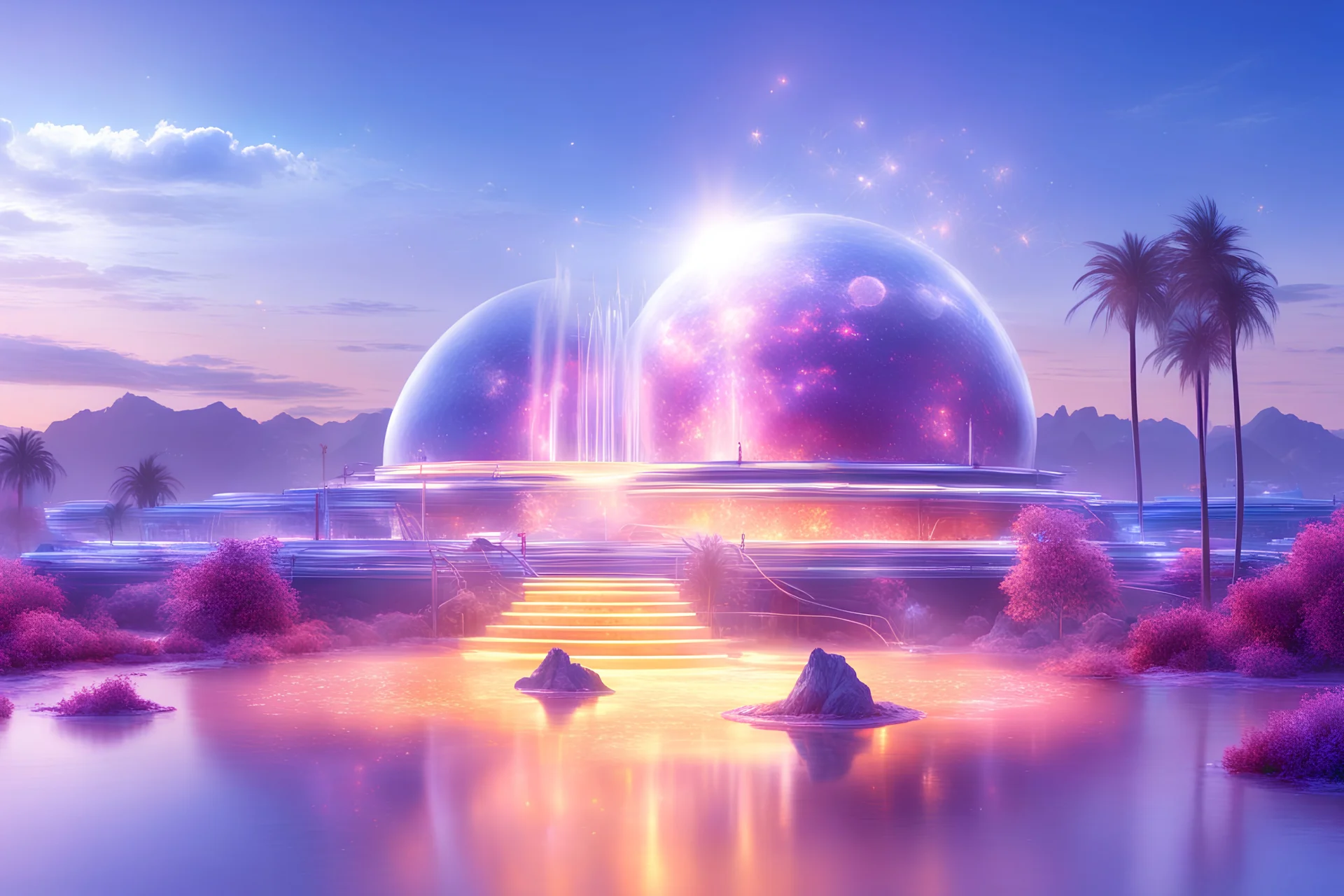 Magnificient luminous cosmic city , glitters, stars, sparks of light , fontains, a lot of details, cosmic and pacific and magical atmosphere, in the background palm trees,and flowers, 8k, very hight definition