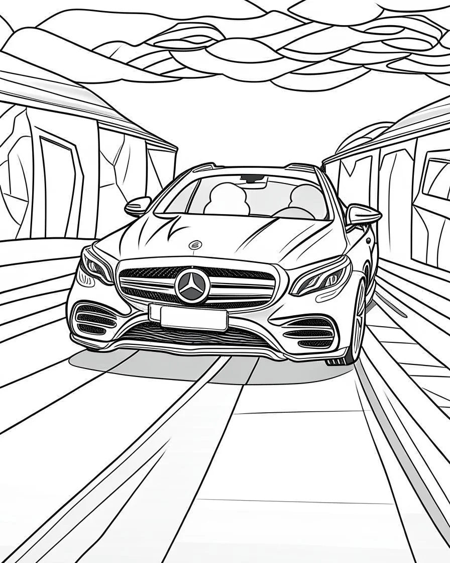 front Outline art, no shading, full Mercedes on the road, cartoon style, thick lines, low details, --ar 9:11