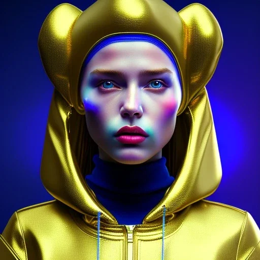 Ukrainian woman, rounded face, bubble gum, gold, blue, yellow, hoodie, feathers, retro, latex, leather, soft color, highly detailed, art stations, concept art, smooth, unreal engine 5, god rays, ray tracing, RTX, lumen lighting, ultra detail, volumetric lighting, 3d, finely drawn, high definition, high resolution, neon background.