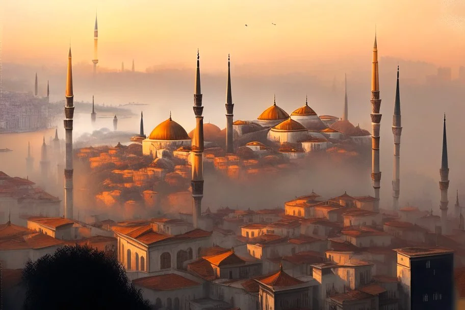 Bird's-eye view of Istanbul at sunset, with Hagia Sofia visible, in the twilight, and fog and mist rolling in between the houses. Pastel brown and orange colors, sepia highly detailed digital painting elegant very attractive beautiful award winning fantastic view crisp quality acrylic art