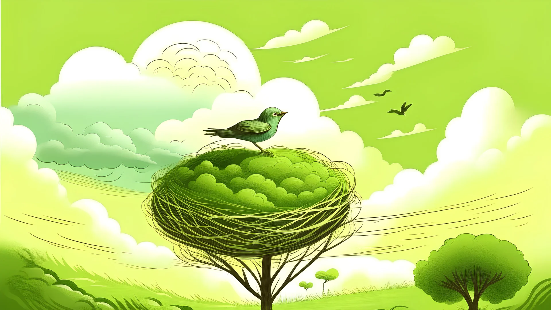 dessin d'un paysage avec un arbre vert à côté et un nid sur elle contient un oiseau et le ciel contient nuages et soleil