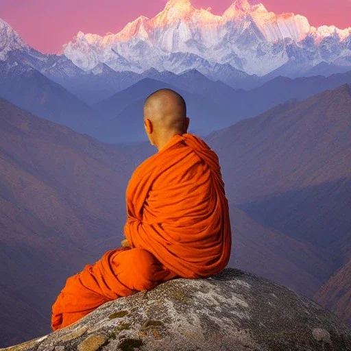 indian monk in himalaya at sunset