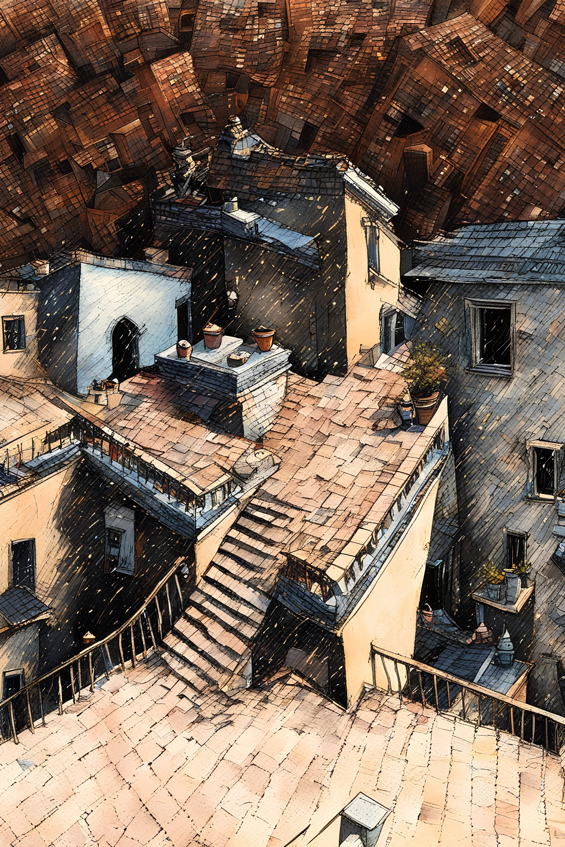 detailed view of city roofs and terraces at a moonlit night in collage