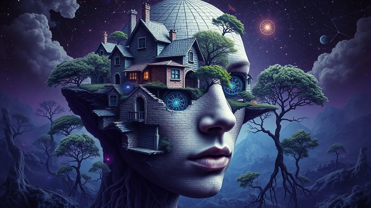 A hyper-detailed, surreal photographic composition blending impossible geometries with organic elements. At the center, a fragmented human face emerges from a village landscape, its features dissolving into: Architectural absurdity: Floating cottages with lace-like brickwork Celestial interference: Constellation patterns etched into skin pores Natural surrealism: Trees growing through eyeballs, roots forming mathematical fractals The scene glows with an eerie luminescence (deep indigo to violet
