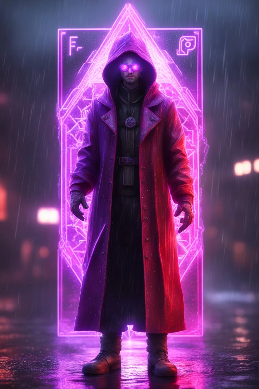 Lense flare,pencil outline,Volumetric fog cultist lord lights,paradise sacred geometry framed playing card, black, red, spore and purple neon cyber punk teurgist in soaked rain coat boss card in the style of escher and fallout 4 ,,bokeh like f/0.8, tilt-shift lens 8k, high detail, smooth render, down-light, unreal engine