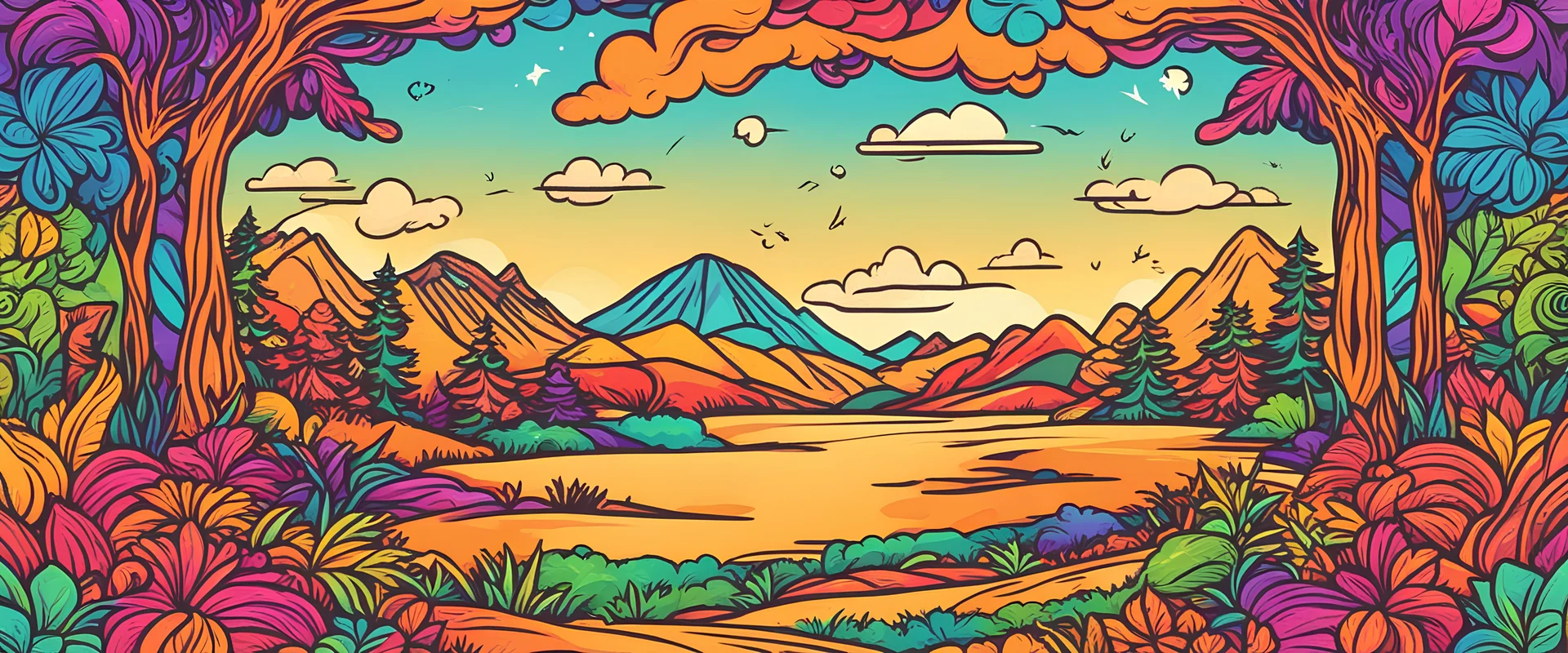 Utopic landscape banner, hippie colors, precise drawing,