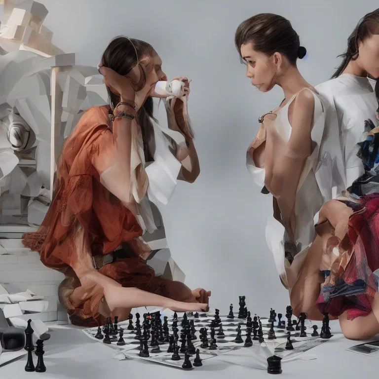 realistic photoshoot for a new balenciaga lookbook, 2 beautiful young models playing chess sweating and concetrated, colorful makeup, set design made of lego blocks, in style of steven meisel, ultra high resolution, 8k, bright, fashion lighting, wide angle lens