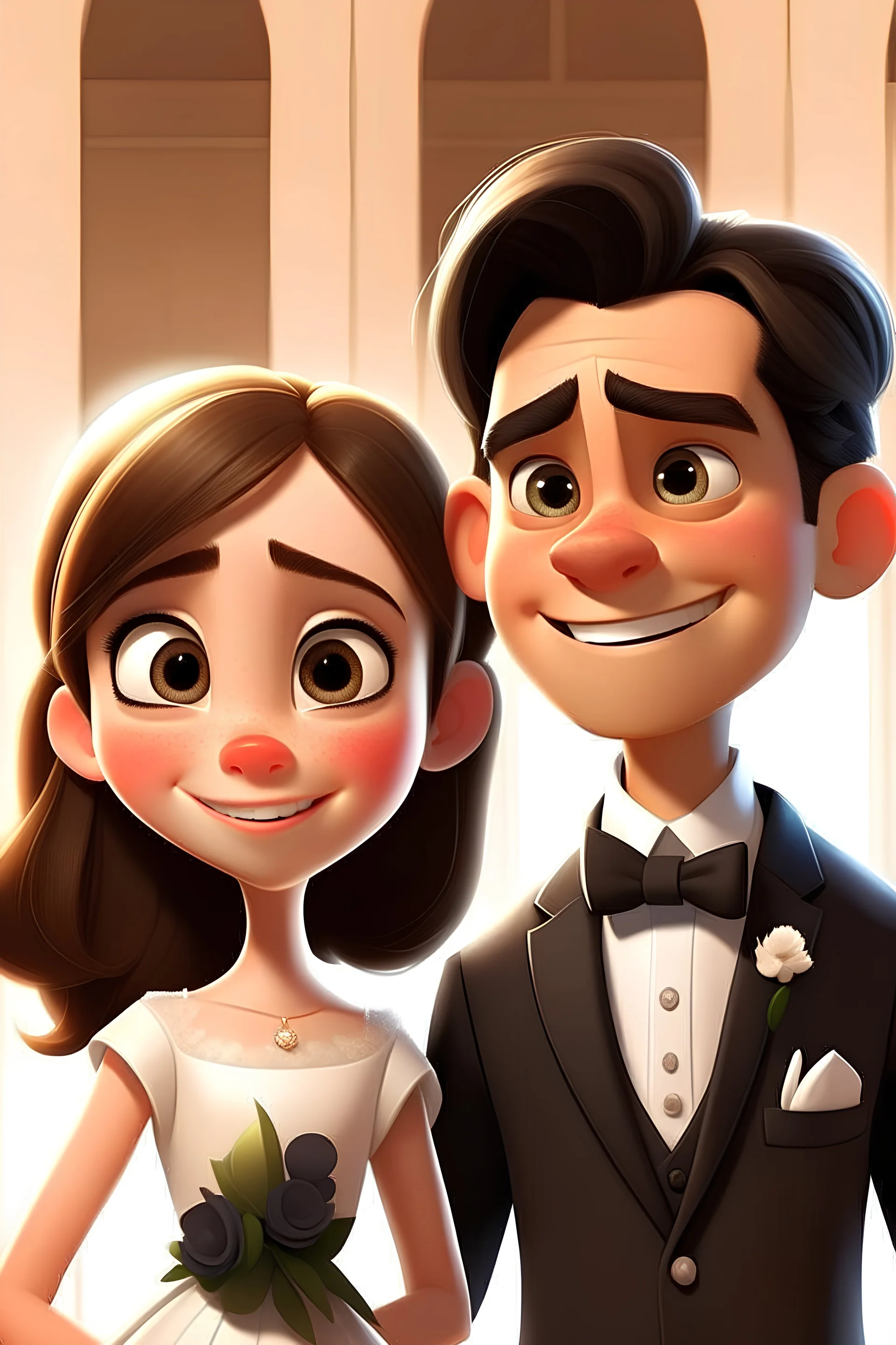 Portada de Pixar en una boda, una chica joven con vestido blanco de novia cabello castaño largo y ojos cafés sonriendo, junto a un chico joven alto con traje negro y moño negro cabello castaño corto y ojos cafés en su boda
