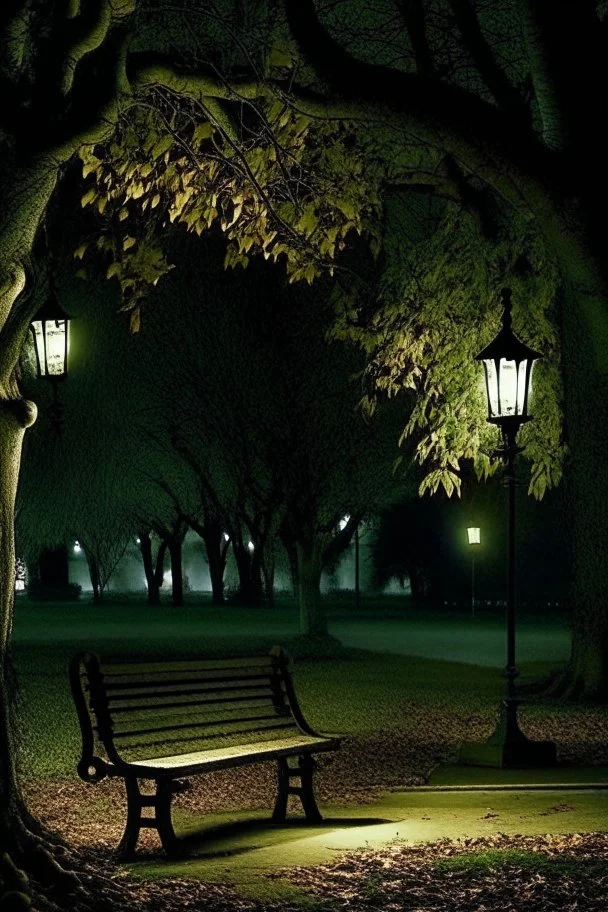 Park at night with lanterns, square bench, and dirt roads, trees, gothic horror films influence, creepy, photography