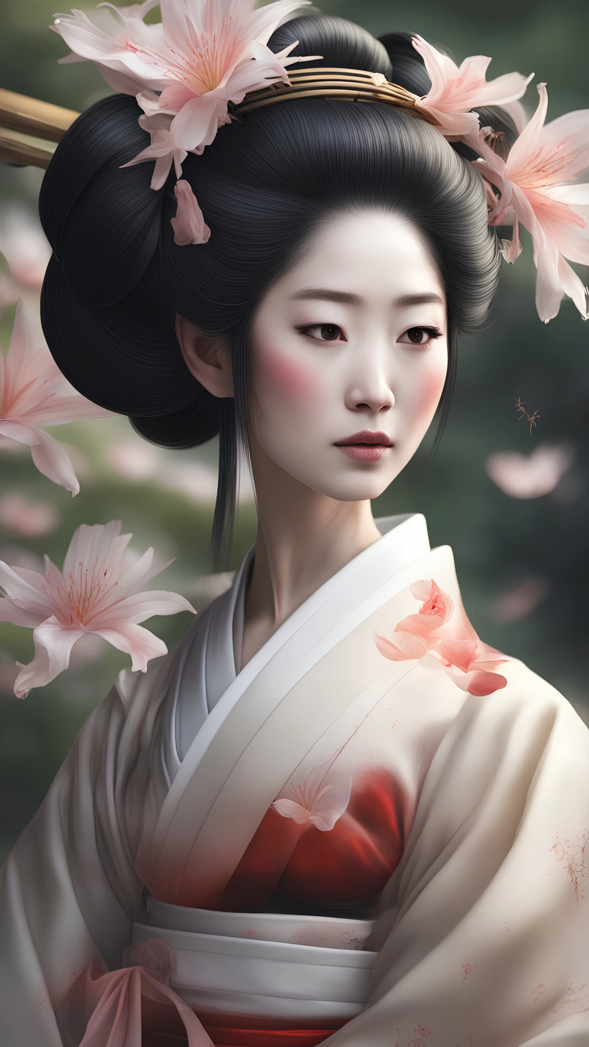 In a traditional Asian garden, Geisha Lily, with her beautiful face and flowing hanfu dress, elegantly holds a zen calligraphy brush. The serene setting showcases a stunning, photorealistic masterpiece with perfect lighting and shading.